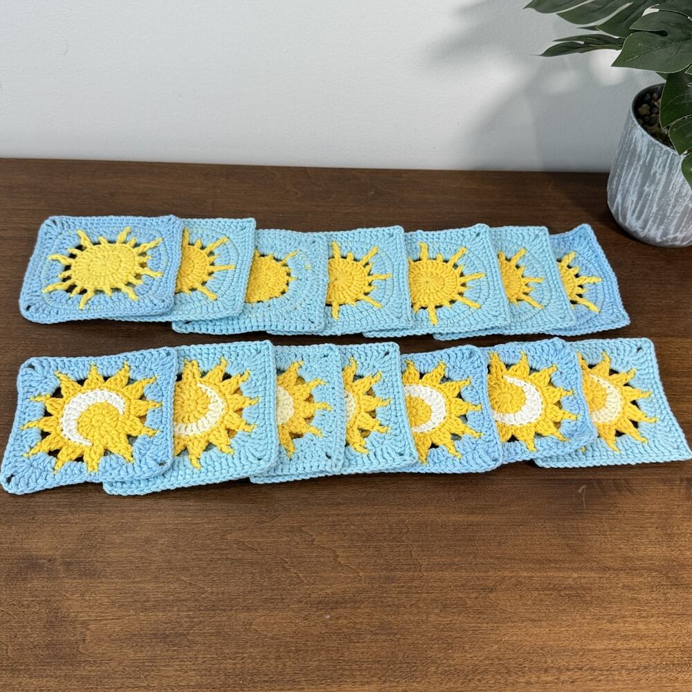14 Crochet Granny Squares Sun Moon Stars Blue Yellow White Handmade Craft Lot